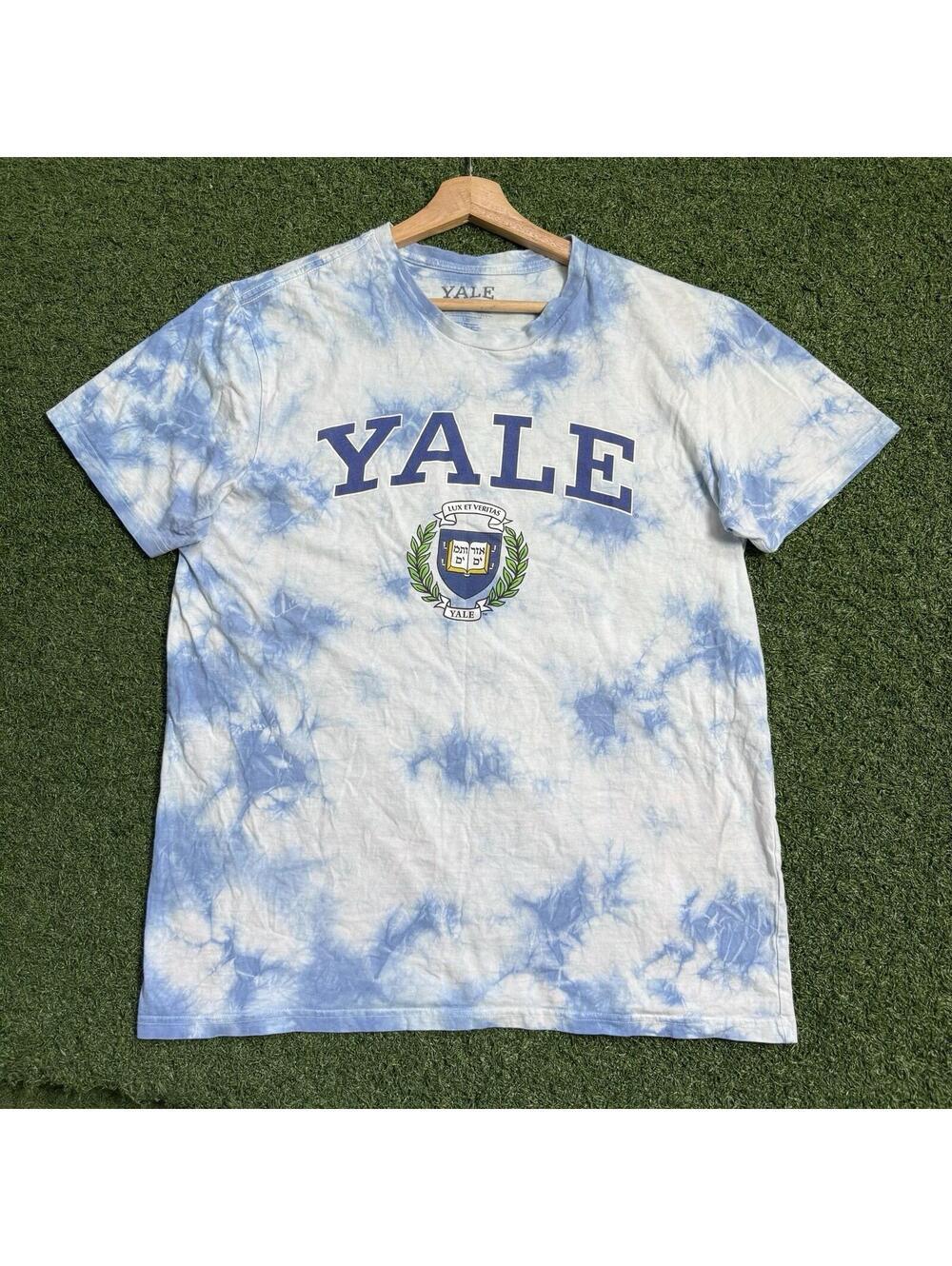 Yale University Tie Dye Graphic T Shirt Blue White Collegiate Tee Size L preppy